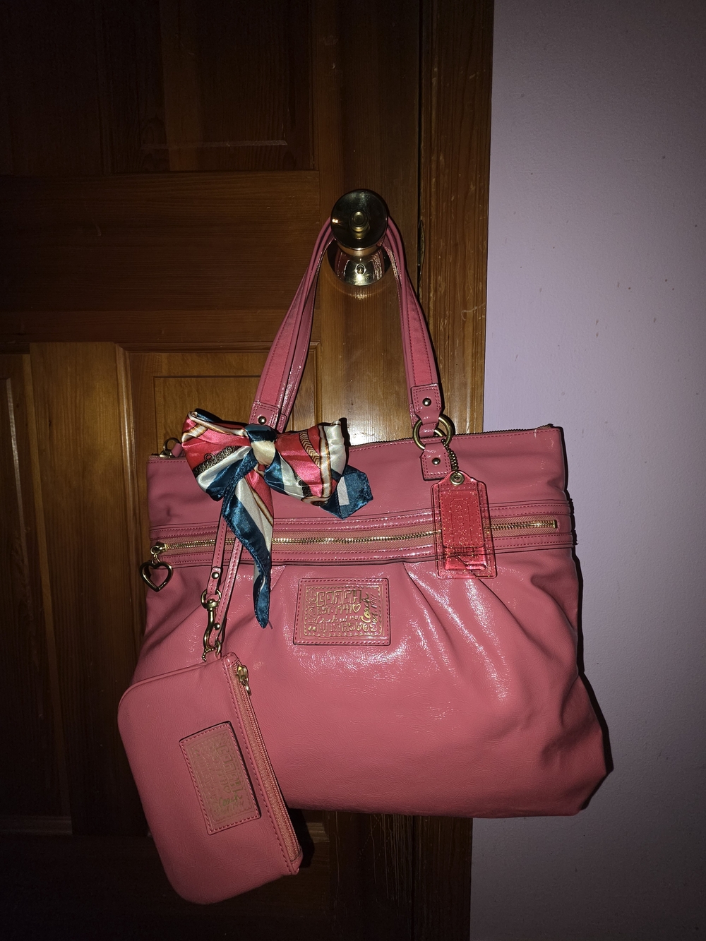 Coach Poppy Collectors Set Daisy Coral Liquid Gloss Tote w Wristlet & Scarf